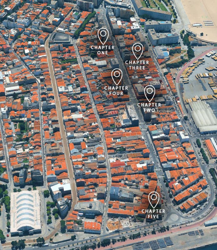 Vista aérea de Matosinhos Sul com os pins dos cinco edifícios da OCEAM Collection, do Chapter One ao Chapter Five.